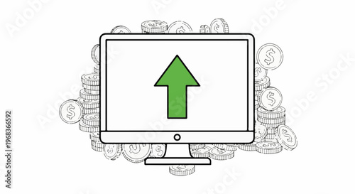 Computer screen with green arrow pointing up, surrounded by stacks of coins