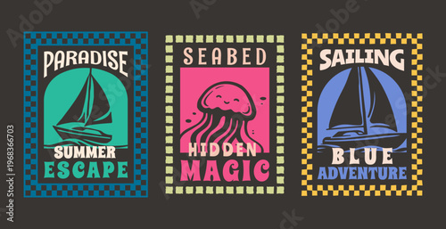 Set of Retro Summer Beach Vibes Flat Illustration for T-Shirt Print with Slogans, Vintage Tropical Apparel Sticker Design with Sailboat, Jellyfish, Coastal Travel Poster Badge Collection