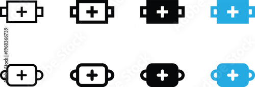 Set of medical or healthcare icons featuring a plus sign inside a rectangular container with side handles, vector illustration
