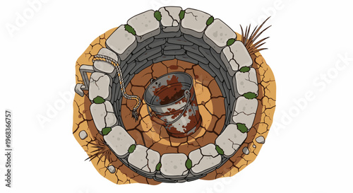 An old, stone-lined well sits in arid, cracked earth, holding a rusty bucket