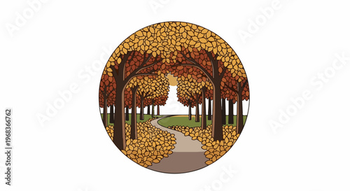 An autumnal path winds through trees with golden and brown foliage