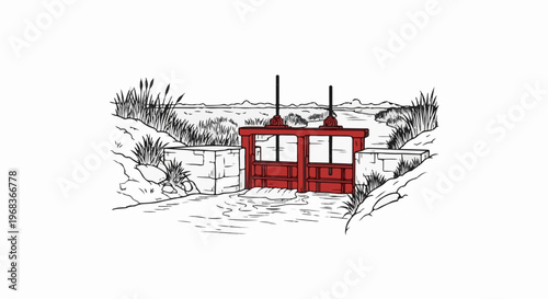 Sketch of a red river gate in a landscape with reeds and distant hills