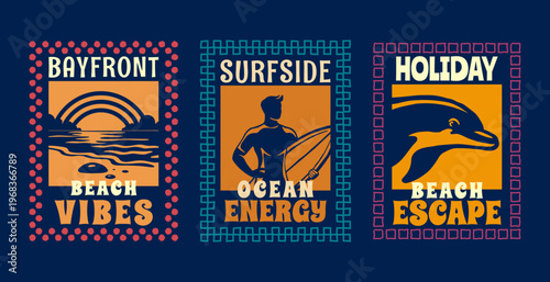 Set of Retro Summer Beach Vibes Flat Illustration for T-Shirt Print with Slogans, Vintage Tropical Apparel Sticker Design with Sunset, Surfer, Dolphin, Coastal Travel Poster Badge Collection