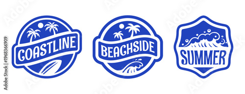 Retro Summer Beach Stickers Vector Illustrations With Palm Tree, Waves, Surfboard, Tropical Vacation Vibes Graphic for T-Shirt Print, Posters, Badges, Logo Design, Patches, Coastal Designs