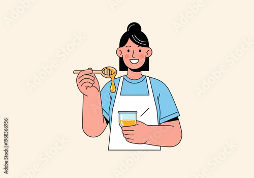 Smiling Woman Holding Organic Honey Jar and Wooden Dipper Illustration in Flat Art Style