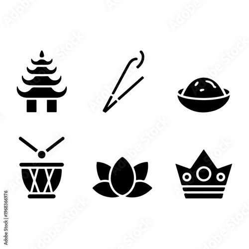 Hung Kings’ Festival Icon Set – Temple Tower, Incense Stick, Banh Chung, Drum, Lotus Flower, Crown
