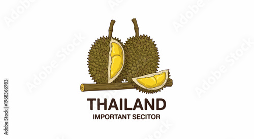 Spiky fruit, one cut, resting on a log below Thai text