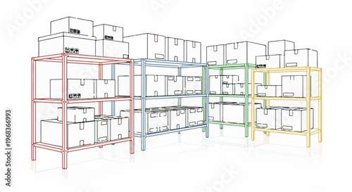 Stacked boxes on colorful shelving units in a storage facility