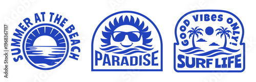 Set of Retro Summer Beach Badges Vector Illustration with Slogans, Vintage Tropical Vacation Vibes Emblems for T-Shirt Print, Poster, Coastal Print, Logos, Stickers, Summer Clubs