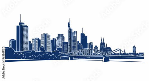 Stylized blue ink silhouette of a city skyline with skyscrapers, bridge, and towers
