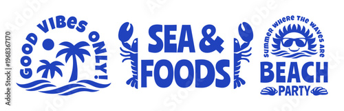 Set of Vector Illustration Emblems for Summer Club, Seafood, Beach Party , Retro Seafood Logo, Vintage Tropical Beach Graphics with Lobster, Sunset, Palm Tree for T-Shirt Print, Poster, Coastal Design