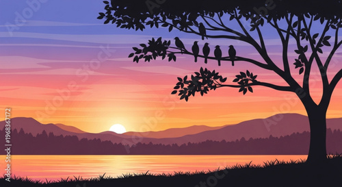 Serene sunset landscape with birds on tree branch overlooking lake and mountains at dusk