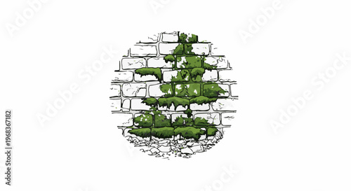 Stylized circular image of a moss-covered white brick wall with rubble at its base