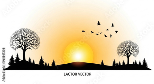 Serene sunset landscape with bare trees flying birds and coniferous trees on a hill