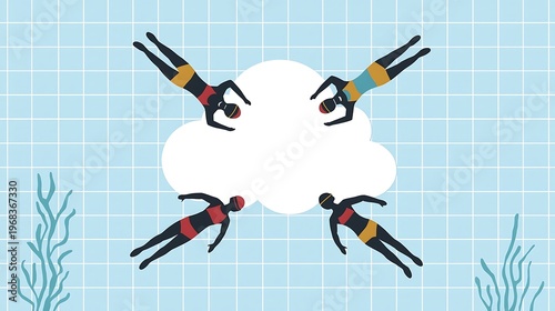 Synchronized swimmers forming a cloud shape underwater with coordinated movements