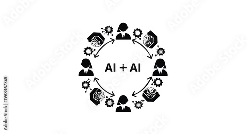 Artificial intelligence AI technology concept with robots and gears in circular flowchart for innovation and machine learning