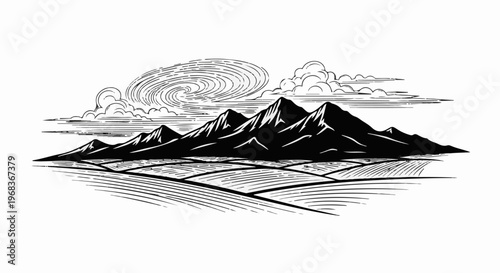 Stylized mountainous landscape with swirling clouds and contoured fields