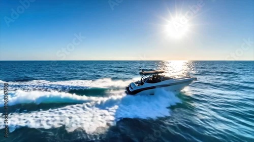 A speed boat slices through ocean waves under a bright sun. Clear blue sky and water