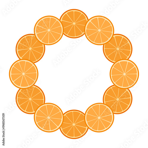 Circle frame with orange citrus fruit, branches with leaves. Round border of fresh juicy citrus isolated on white background. Fruit wreath for food design, packaging, menu, healthy lifestyle themes.