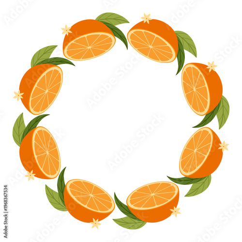 Circle frame with orange citrus fruit, branches with leaves. Round border of fresh juicy citrus isolated on white background. Fruit wreath for food design, packaging, menu, healthy lifestyle themes.