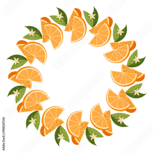 Circle frame with orange citrus fruit, branches with leaves. Round border of fresh juicy citrus isolated on white background. Fruit wreath for food design, packaging, menu, healthy lifestyle themes.