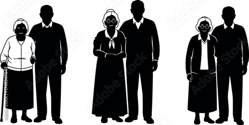 Silhouettes of Senior Couples and Elderly Pairs Standing Together for Retirement Concept Aging Population and Grandparents Day Vector Illustration Set