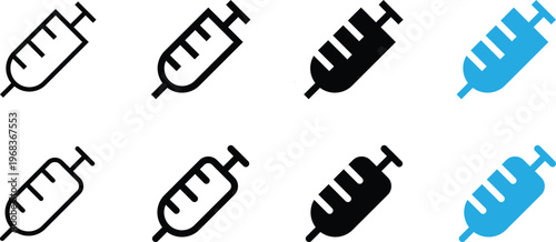 Set of syringe icons in different styles, medical injection symbols for healthcare and vaccination concepts