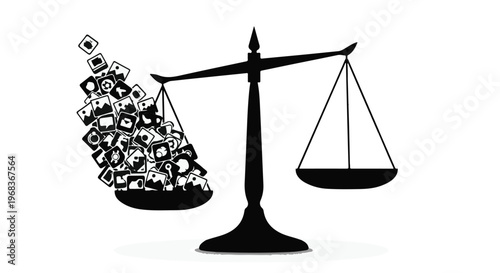 Black silhouette of unbalanced scales with social media icons on one side and empty plate on other representing information overload and imbalance in modern digital life