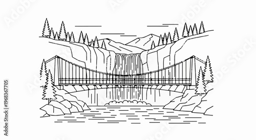 Suspension bridge spans a waterfall amidst rocky cliffs and pine trees