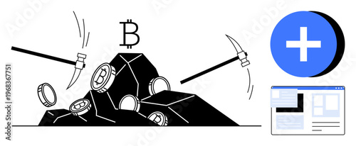 Cryptocurrency mining. Cryptocurrency mining equipment, digital tools, and blockchain processes illustrated with Bitcoin symbols. Cryptocurrency mining for Fintech, blockchain development, digital