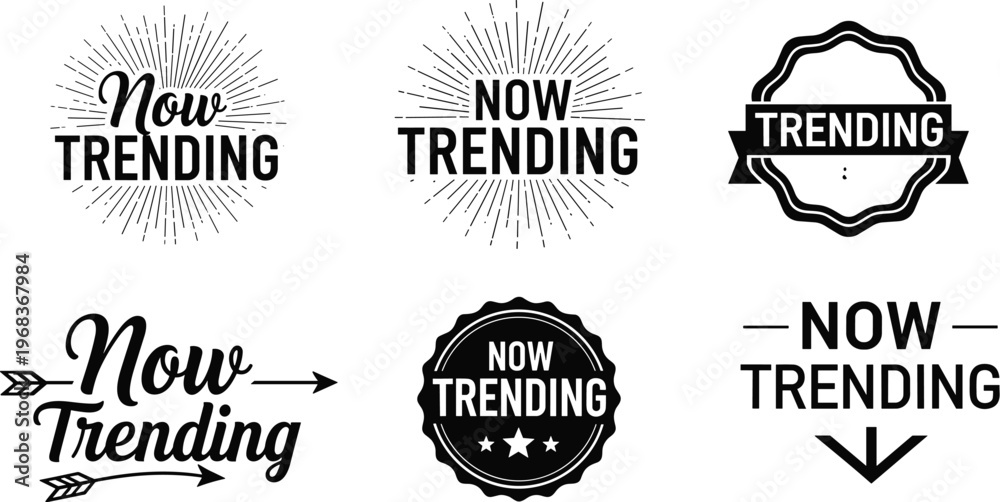 Fototapeta premium This image showcases various black and white graphic designs featuring the phrase now trending in different styles and layouts high quality professional detailed