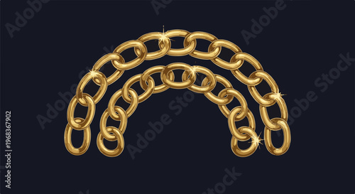 Two curved strands of shiny gold chain links on a dark background
