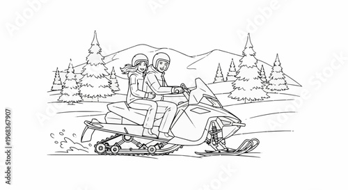 Two smiling people ride a snowmobile through a snowy landscape with pine trees and mountains