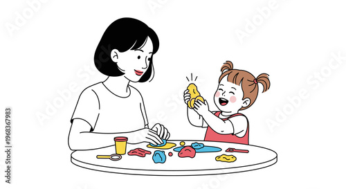 Mother and daughter playing with colorful playdough at table