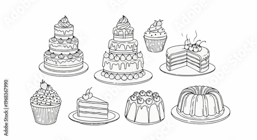 Various black and white drawings of cakes, cupcakes, and a bundt cake