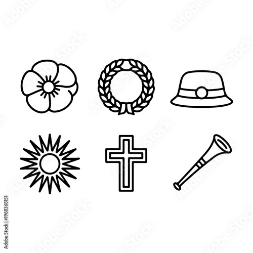 Minimal ANZAC Day Icons Collection – Poppy, Wreath, Soldier Hat, Rising Sun Badge, Cross, Bugle
