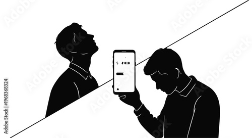 Silhouette of man holding smartphone looking at screen with reflection of himself in modern minimalist style