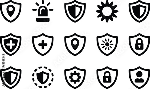 Cyber defense icon set, minimalist black and white icons with shields and security elements for cybersecurity network protection data safety and digital systems design.