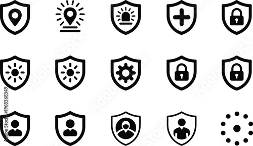 Cyber defense icon set, black silhouette vector featuring shield protection and security symbols for network safety data protection and software security concepts.
