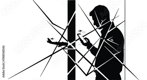 Man holding broken smartphone with cracked screen in dark silhouette on white background, technology failure concept
