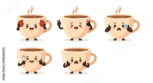 Cute coffee cup characters with different emotions, perfect for graphic design and branding
