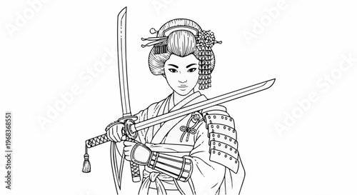 Warrior woman in traditional Japanese attire with two swords