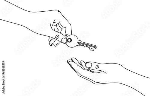 Hands exchanging a key in a simple line drawing