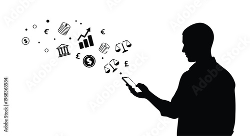 Silhouette of businessman using smartphone with finance and business icons floating around, representing modern technology and entrepreneurship in corporate setting
