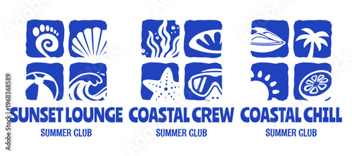 Set of Retro Summer Club Logo Design Vector Illustrations, Vintage Coastal Vibes Emblem with Tropical and Beach icons for T-Shirt Prints, Posters, Shops, Beach Branding