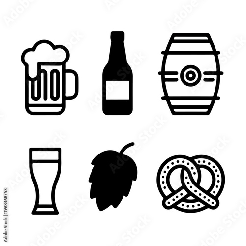 Beer Celebration Icon Set – Mug, Bottle, Keg, Hops, Toast Glass, Pretzel
