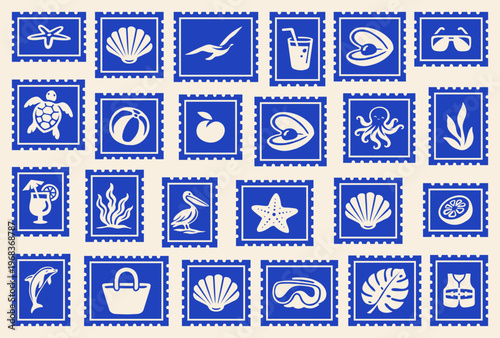 Mega Set of Vintage Summer Beach Fun Postcard Stamp Stickers, Vintage Summer Travel & Ocean Print, Vacation Postage Sticker Collection Vector Illustrations for T-Shirt, Scrapbook, Poster