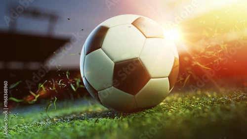 Glowing soccer ball on field at sunset