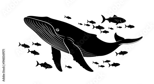 A large black whale swims with a school of smaller fish in a minimalist illustration against a white background.