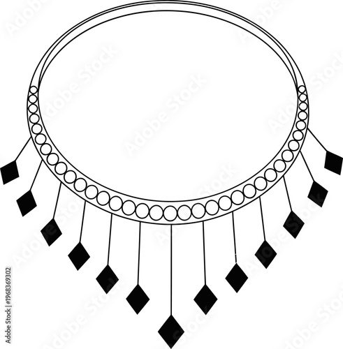 Black and white illustration of a necklace with diamond shaped drops